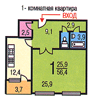Планировка 1-к квартир серии БЕКЕРОН