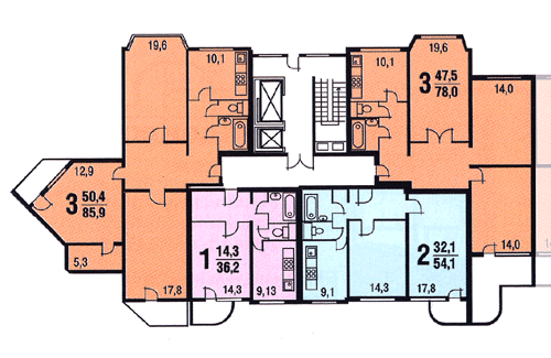 Планировка серии П-3М-7/23. Размещение квартир на экаже
