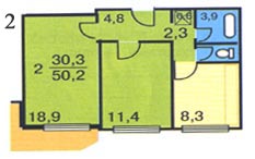 Планировка 2-к квартиры серии П-44
