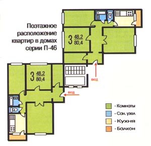Планировка 3-к квартир серии П-46 на этаже