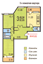 Планировка 3-к квартир серии П-55М